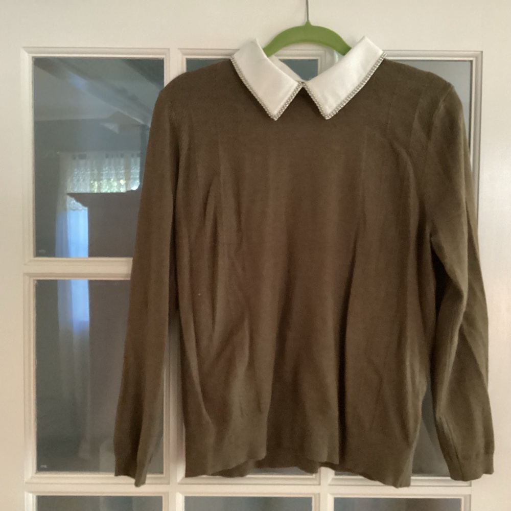 Woman’s Olive Green Sweater with White Collar and Metal Bead Detail